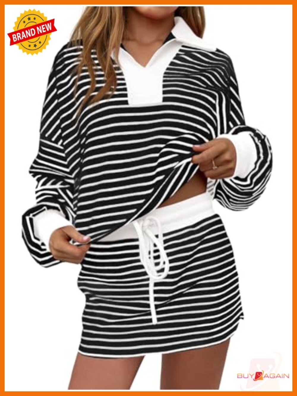 Striped Sweatshirt Skirt Set Long Sleeve Skort with Built-In Shorts